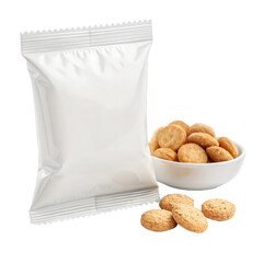 Crispy cookies spilling from a pristine white bowl with a blank snack package for your branding, a delicious treat ready to enjoy anytime