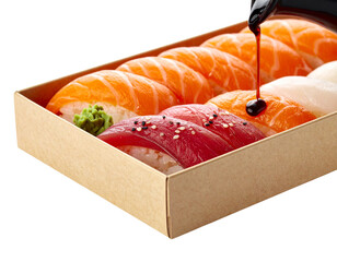  Sushi Bento Box Close-Up with Drizzling Soy Sauce, angled side view, isolated
