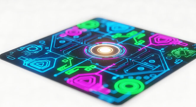 Futuristic Tech Circuit Board Glowing with Pink, Green, and Blue Light