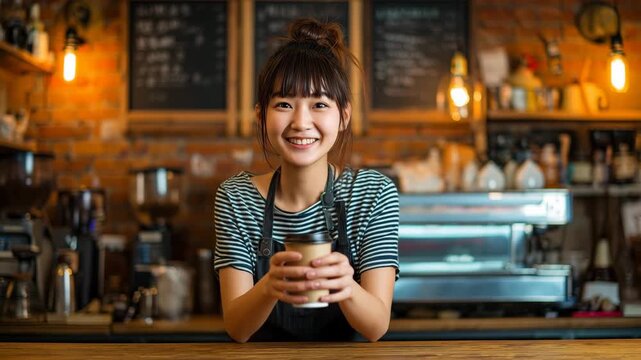 笑顔で接客する日本人女性バリスタの明るい表情