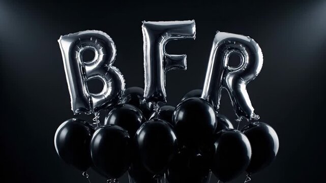 Black Friday event showcasing silver BFR letter balloons hovering over a cluster of black balloons, illuminated by spotlights against a contrasting dark background