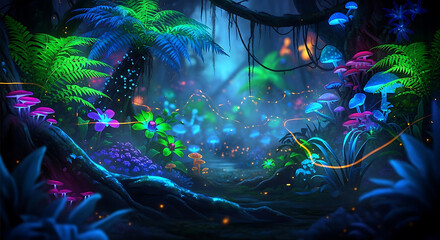 Enchanted Bioluminescent Forest With Glowing