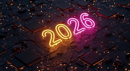 Neon 2026 text illuminated on a circuit board futuristic technology concept