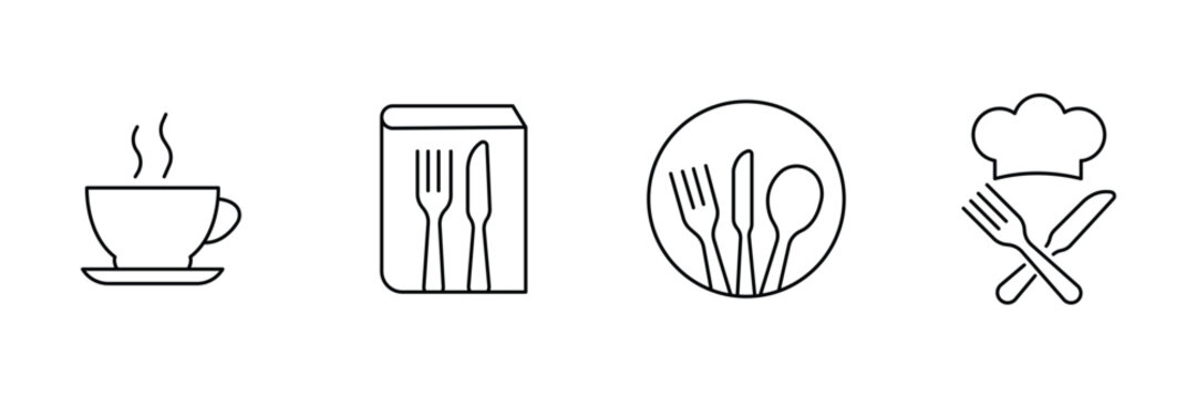 Hot tea cup, cookbook menu, cutlery circle plate, chef hat fork knife icon set, restaurant vector illustration, minimal food beverage culinary.