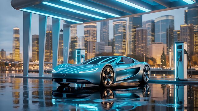 Electric Blue Sports Car Charging at Futuristic Station – Sustainable Urban Design and EV Technology Concept