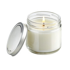 Lit candle in a glass jar with open lid, creating a warm, inviting atmosphere for relaxation and home fragrance