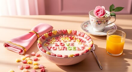 Whimsical breakfast bowl filled with colorful cereal pieces spelling out love yourself surrounded by sweet treats and a refreshing drink