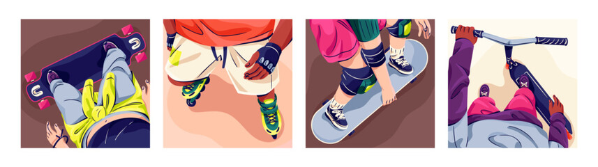 Skaters are riding top view set. People are rollerblading, skate rollers, skateboard and kick scooter from above. Men and women have fun with rollerskate, board outdoors. Flat vector illustrations © Paper Trident
