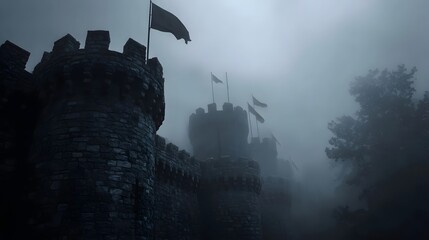 Mysterious medieval fortress with flags in dense fog at twilight