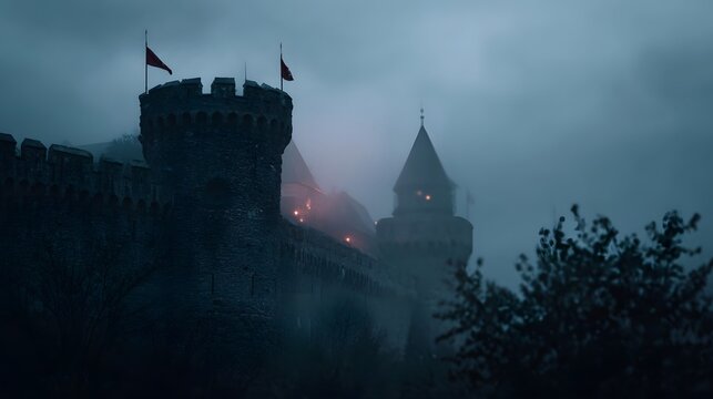Moody medieval fortress under a foggy twilight sky with flying banners and internal lights
