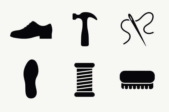 Silhouette icons of shoe repair and sewing tools for crafting and diy projects