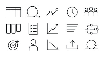 Minimalist linear icons for project management and data analysis concepts