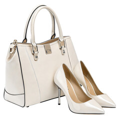 Elegant white leather handbag and matching high heels, perfect for fashion, retail, and lifestyle marketing campaigns