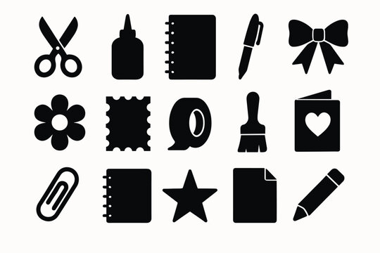 Black silhouette icons of stationery and craft tools for creative projects