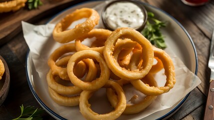 Fried Onion Rings with Creamy Dipping Sauce on White Plate &ndash; Crispy Appetizer and Comfort Food Concept