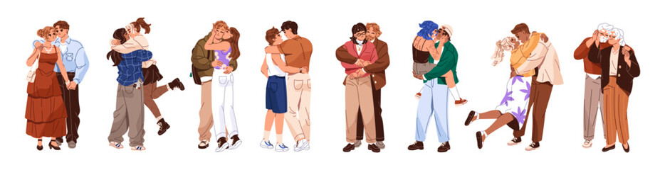 Set of diverse hugging couples. Homosexual and heterosexual lovers cuddle, kiss. Happy young and elderly people embrace, love in romantic relationships. Flat isolated vector illustrations on white