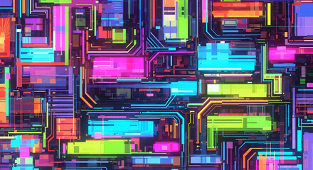 Abstract Neon Circuit Board Pattern | Vibrant Electronic Grid for Technology Backgrounds and Modern Design Projects