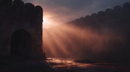Solitary figure near an ancient fortress gate illuminated by dramatic sunrise light rays
