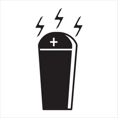 A striking black and white icon, a coffin or sarcophagus that radiates power with lightning, symbolizing death, eternal energy, and mystery.