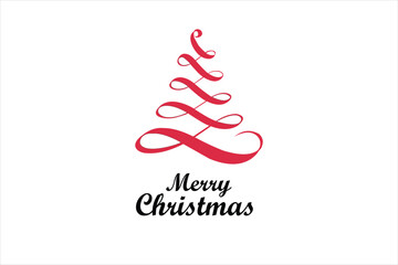 Elegant Merry Christmas Logo with Red Ribbon Christmas Tree on White Background. Resize and editable, EPS 10.