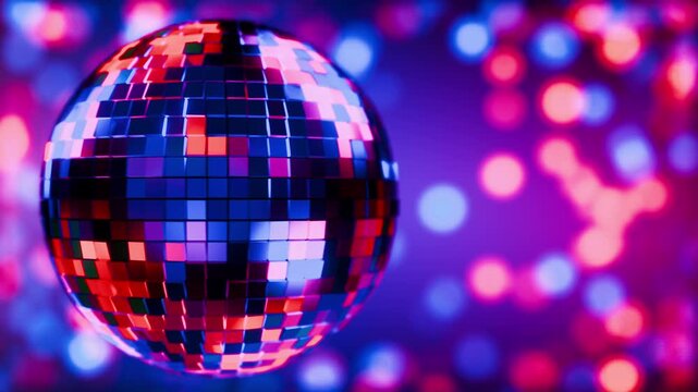 VJ loop. Intro for a music track. Retro disco animation. Disco style. Bright lights. Dance music. Looping 3D animation of a rotating disco ball. Smooth rotation of the disco ball with reflections.