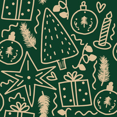 Christmas doodle pattern illustration in hand-drawn line art style for festive decoration and wrapping paper design.
