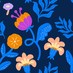 Colorful floral pattern in modern flat style, perfect for fabric design, wallpaper, wrapping paper, and digital backgrounds.