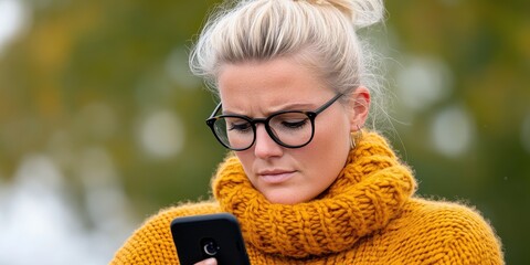 A blonde woman wearing glasses and a mustard-colored sweater intently uses a smartphone. She is outside with trees and foliage blurred in the background
