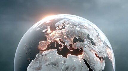 Glowing Holographic Earth Globe with Data Lines and City Lights Illuminating Europe and Africa in a Dramatic Cinematic Style with Bright Sunrise Overcast Sky