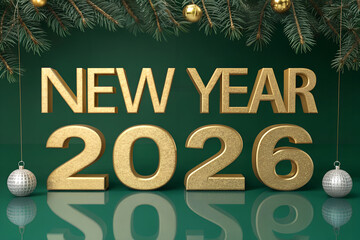 Gold “NEW YEAR 2026” text beneath pine branches with baubles on green backdrop—refined holiday scene evoking celebration, warmth, and seasonal elegance. generative ai