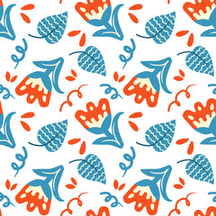 Floral seamless pattern in flat folk style for textile prints, wallpapers, wrapping paper, and decorative backgrounds.