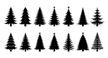 Set of black silhouette Christmas tree icons in various shapes and styles