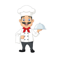 Cartoon funny chef with a mustache holding a silver platter