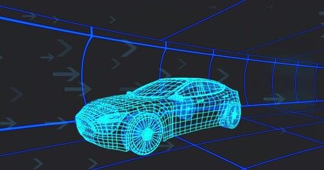 Showing cyan wireframe car model within virtual tunnel, with neon gridlines and arrow icons