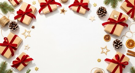 Festive Christmas gifts with red ribbons and holiday decorations on white background.