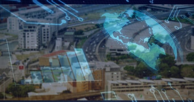 Displaying overlay over highways and midrises at drone angle with bar chart, globe and circuits