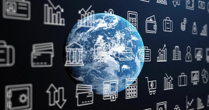 Naklejki Floating blue Earth globe in star field, with holographic bar charts credit cards gear icons