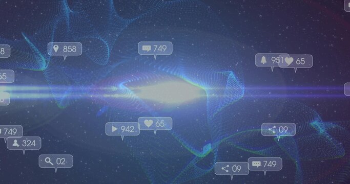 Swirling waveforms converging around central light in virtual space with social-media notifications