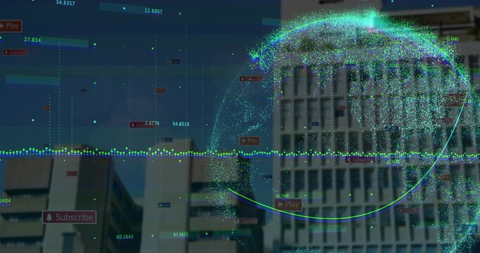 Floating 3D globe with numeric labels above office buildings, dotted graph line, copy space