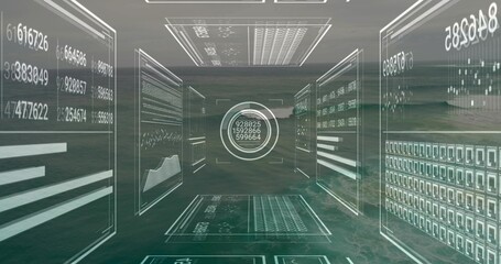 Central circular interface panel hovering above calm sea, with data panels showing numerical charts