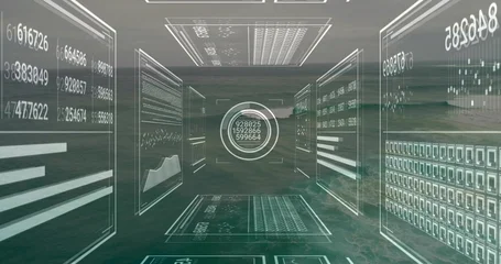 Fototapete Meer & Ozean Central circular interface panel hovering above calm sea, with data panels showing numerical charts  © vectorfusionart
