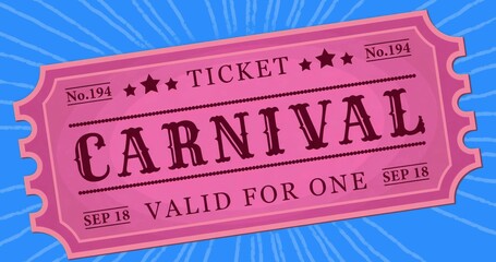 Featuring large pink carnival pass displaying admission info in poster graphic with vivid blue rays