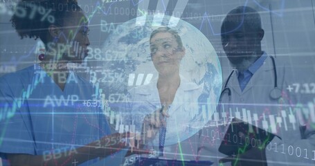 Three medical professionals in white coats studying globe in conference, with tablet showing chart