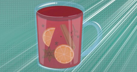 Red mug holding spiced beverage on teal backdrop with orange slices, cinnamon stick and star anise