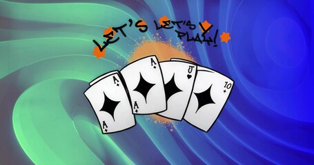 Fototapeta premium Showing cards labeled AAJ10 in digital poster graffiti-style Let's Play text, orange stars, swirl