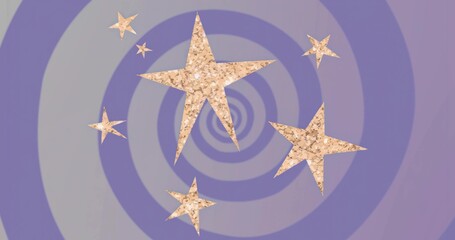 Glittering group of six gold-textured stars rotating over purple lavender spiral backdrop