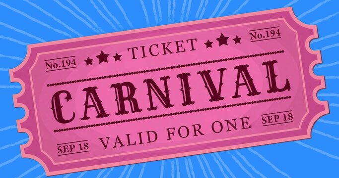 Featuring large pink carnival pass displaying admission info in poster graphic with vivid blue rays