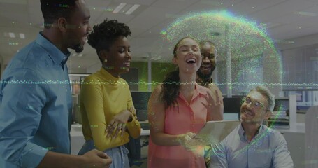 Collaborating professionals discussing data on tablet in office, holographic overlay