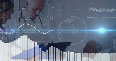 Reviewing patient data senior team consulting in hospital room by bed, with clipboard tablet graphs