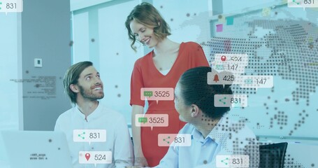 Presenting woman in red dress guiding colleagues on data analytics in office, with laptop overlays